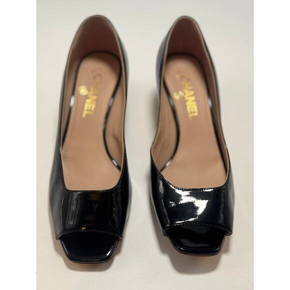 Chanel Patent Leather Peep Toe Two Tone Heels - Picture 4 of 10
